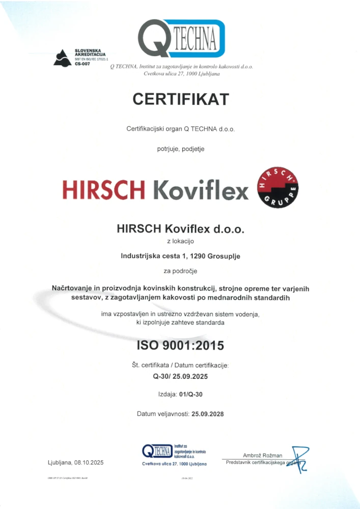 Certifikat 9001 - Q30 - HIRSCH Koviflex