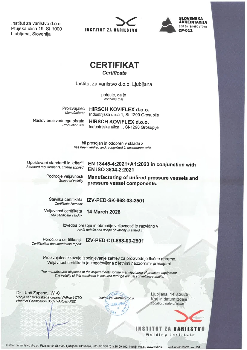 Certifikat proizvajalca tlačne opreme EN 13445- 4