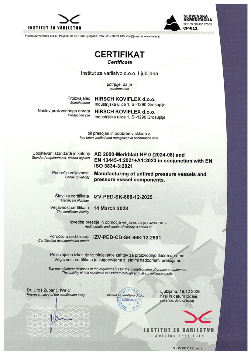 Certifikat proizvajalca tlačne opreme EN 13445- 4