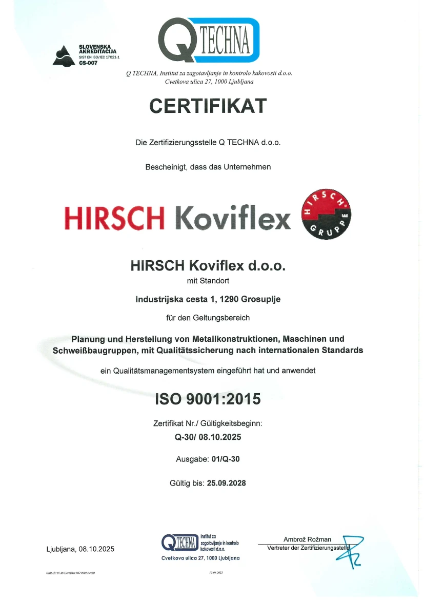 Certifikat 9001 - Q30 - HIRSCH Koviflex - nem